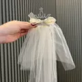 Cute baby girl princess veil hair clip with rhinestone 3D crown and white mesh tulle for kids. - Half Wrapped Top Clip Style / Off White