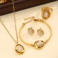 Elegante set di gioielli in acciaio inossidabile dorato con pietra occhio di gatto ovale donna. - Stile 01 / Bianco