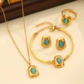 Luxury gold stainless steel jewelry set with blue cat eye stones, necklace, earrings, ring. - Style 02 / Blue