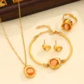 Gold stainless steel jewelry set necklace bracelet ring earrings for women gift items - Style 04 / Pink