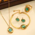 Set di gioielli in acciaio inossidabile dorato con collana bracciale orecchini anello - Stile 01 / Verde