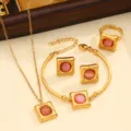 Gold stainless steel jewelry set with pink stone necklace bracelet earrings finger ring. - Style 06 / Pink