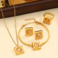 Gold stainless steel jewelry set featuring square design and cat's eye stone pendant variant. - Style 06 / White