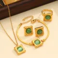 Green cat-eye stone stainless steel jewelry set, luxury gold necklace, earrings and bracelet. - Style 06 / Green