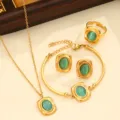Stainless steel green stone jewelry set for women, necklace bracelet earrings ring. - Style 05 / Green