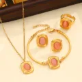 French style stainless steel jewelry set featuring necklace bracelet earrings and ring for women. - Style 05 / Pink