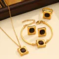 Gold stainless steel jewelry set featuring square dark cat's eye stone necklace and ring. - Style 06 / Black