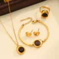 Elegant gold stainless steel jewelry set including necklace bracelet ring and chic earrings. - Style 04 / Black