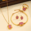 Cross-border stainless steel gold-plated pink rhinestone jewelry set necklace bracelet earrings ring - Style 03 / Pink Rhinestone