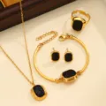 Stainless steel jewelry set including necklace, bracelet, earrings, and ring with black stone. - Style 03 / Black Rhinestone