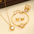Stainless steel gold jewelry set with white opal necklace, bracelet, earrings and ring. - Style 04 / White