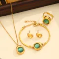 Gold stainless steel green cat eye stone jewelry set necklace bracelet earrings ring - Style 04 / Green