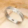 Stainless steel four leaf clover cuff bracelet with sparkling rhinestones for women jewelry. - Clover Hollow Multi-Layer Style / Silver