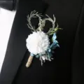 Elegant white and blue wedding boutonniere for groom, rustic style suit chest flower decoration. - Type A (Corsage)