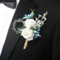 Elegant artificial white rose boutonniere with blue daisies for outdoor wedding groom suit decor - Type B (Corsage)