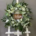 Spring artificial flower wreath with green leaves and welcome sign for home door decor - Style A (Green Grass Welcome Sign)
