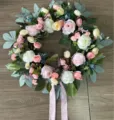 Artificial flower wreath detail showing realistic pink roses and green eucalyptus leaves for door decor - Style C (Ribbon Rose)