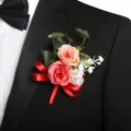 Groom wedding boutonnière artificial rose flower brooch suit pin red ribbon party decor - Corsage / Red