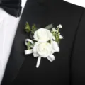Elegant artificial white rose boutonniere for wedding groom, corsage brooch with ribbon. - Corsage / White