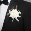 White artificial rose boutonniere for men wedding suit groom corsage golden leaf decor - White Corsage