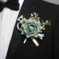 Elegant green rose boutonniere with white ribbon for wedding party suit decoration - Green Boutonniere