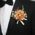 Artificial Rose Boutonniere Champagne Wedding Corsage Groom Suit Party Flower Pin - Light Coffee Corsage
