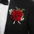 Red Rose Boutonniere Corsage for Wedding Party Suit Men Groom Flower Pin Decoration - Red Boutonniere