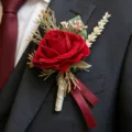 Red velvet rose boutonnière for wedding suit, elegant groom groomsmen brooch accessory. - Red Boutonniere
