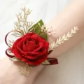 Red velvet rose wrist corsage wedding floral bracelet for bride bridesmaid party decor item - Red Wrist Corsage