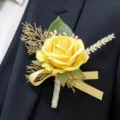 Yellow artificial rose boutonnière for wedding groom, elegant suit lapel flower pin. - Yellow Boutonniere