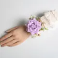 Artificial Rose Wrist Corsage Purple Wedding Party Flower Bracelet Pearl Ribbon Decor - Purple Wrist Corsage