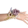 Purple artificial rose wrist flower corsage with pearls and ribbons for wedding and party. - Style G Wrist Corsage