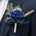 Navy blue artificial rose boutonnière for wedding groom suit floral brooch accessory variant. - Blue Corsage