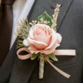 Pink Rose Boutonniere Wedding Groom Corsage Artificial Flower Suit Pin Brooch Decor - Light Pink Boutonnieres