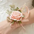 Pink artificial rose wrist flower wedding corsage with ribbon for bridesmaid party decor - Light Pink Wrist Corsages