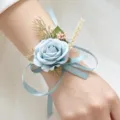 Blue rose wrist corsage for wedding bridesmaid, elegant artificial flower variant design. - Light Blue Wrist Corsages