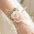 Artificial rose wrist corsage for wedding bridal bridesmaid flower bracelet accessory. - Light Champagne Wrist Corsage