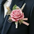 Pink Rose Boutonniere Forest Style Wedding Groom Suit Flower Brooch Corsage Accessory - Dark Pink Boutonnieres