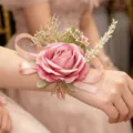 Pink artificial rose wrist flower corsage for wedding bridesmaid party elegant floral accessory - Dark Pink Wrist Corsages
