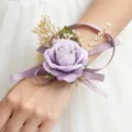 Artificial purple rose wrist corsage for wedding bridal party floral bracelet accessory - Purple Wrist Corsage
