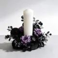 Dark purple rose candle ring with black eucalyptus leaves for wedding and table decor. - Purple