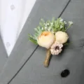 Artificial wedding boutonniere groom corsage with champagne roses and green leaves for men suit. - Style D
