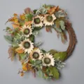 Kunstmatige zonnebloemkrans met herfstbladeren, ideaal voor rustieke deur- en wanddecoratie. - Zonder Houten Bord / Wit