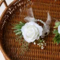 White rose wrist corsage with pearls and green leaves, elegant wedding bridal bracelet flower. - White Artificial Baby's Breath Wrist Corsage