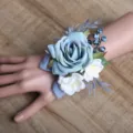 Corsage de poignet de rose artificielle bleue pour mariage et demoiselle d'honneur ruban - Bleu vintage (corsage de poignet)