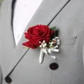 Elegant red velvet rose boutonniere for wedding grooms, artificial flower suit brooch pin. - Corsage / Red