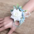 White simulation rose wrist flower, rustic style wedding bridesmaid corsage with blue berries. - Style D (Wrist Corsage)