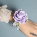 Purple artificial rose wrist flower wedding bridesmaid corsage with silver ribbon - Wrist Corsage / Violet