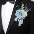 Vintage blue rose wedding boutonniere for groom, elegant artificial flower brooch pin. - Vintage Blue Boutonniere