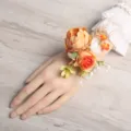 Orange artificial flower wrist corsage, rustic bridesmaid wedding floral bracelet accessory. - Style E Wrist Corsages